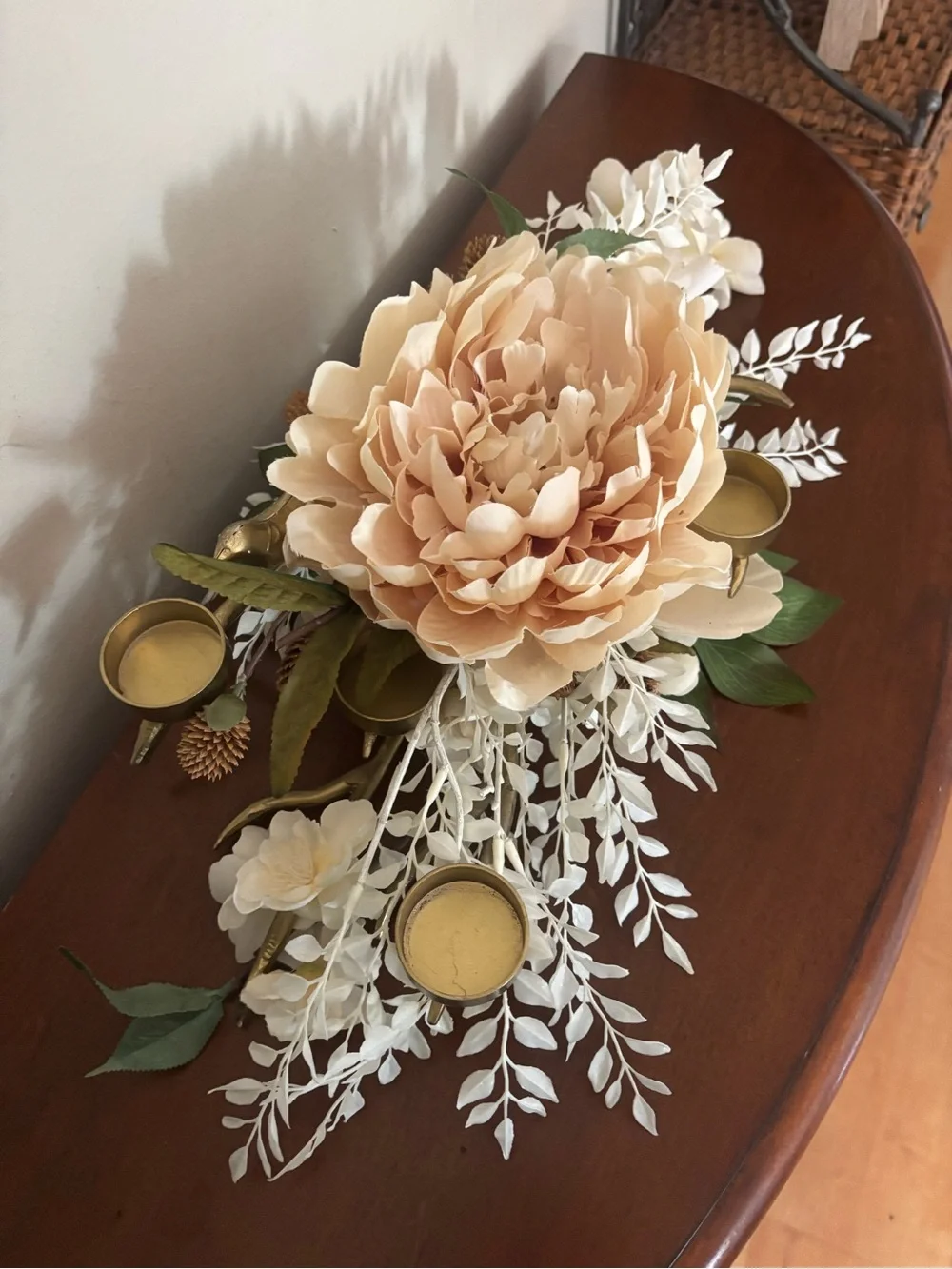 Elegant Wedding Centerpiece Ivory Floral Gold Branch Bird Candle Holder Decor